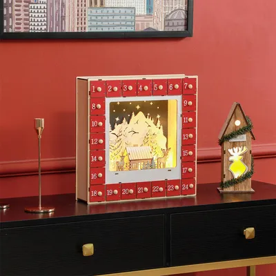 Produktbild von Weihnachtskalender mit LED-Lichtern und 24 Schubladen Adventskalender Weihnachtsdekoration 34 x 7 x 34 cm Rot
