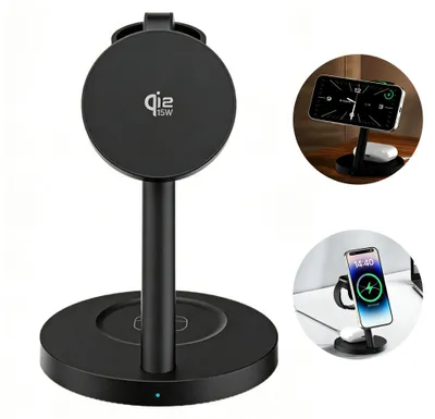 Produktbild von 3 in 1 Wireless Ladestation magnetisch, 15W Schnellladegerät mit verstellbarem Ständer, kabellose Ladestation für Smartphone, Smartwatch & Earbuds