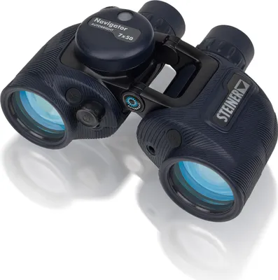 A pair of dark blue Steiner Navigator Autobright 7x50 binoculars on a white background.