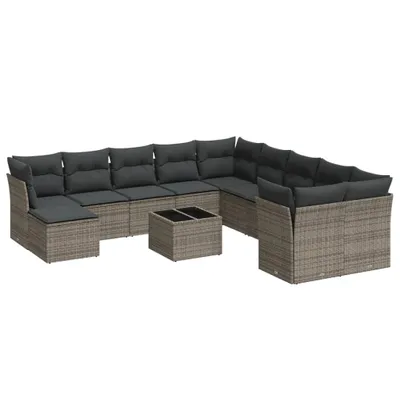 Produktbild von 12-tlg. Gartenmöbel-Set, modulare Sofagarnitur Grau, wetterfestes Poly Rattan, pulverbeschichteter Stahl, Tisch mit Hartglasplatte, UV-beständig
