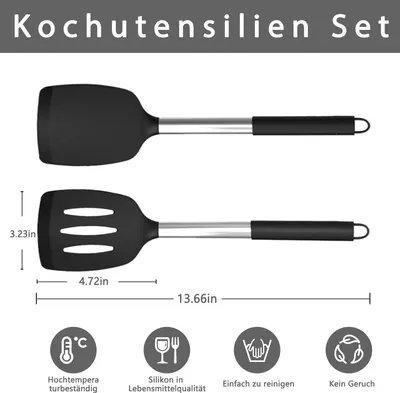 Produktbild von 2 Stš¹ck Pfannenwender Set, Silikon Pfannenwender mit Edelstahlgriff, Hitzebest?ndig & antihaftbeschichtet, Pfannkuchenwender und Lochwender fš¹r Kš¹che, Kš¹chenutensilien, Schwarz