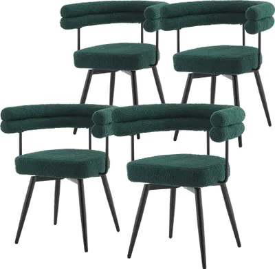 Obrázok produktu pre ML-Design Jedálenské stoličky otočné, sada 4 ks, tmavozelená Teddy látka, ergonomická stolička do obývacej izby s podrúčkami a operadlom, otočná stolička o 360° s kovovými nohami