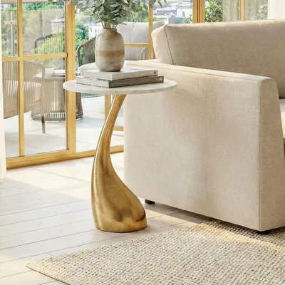 Image de FineBuy : table d'appoint 45 cm dorée avec plateau en marbre blanc, petite table basse ronde, table de salon en aluminium, table de salon avec piètement haut en métal, fabriquée à la main