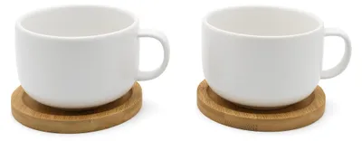 Teetassen 250 ml Weiß, 2er-Set mit Bambusuntersetzer
