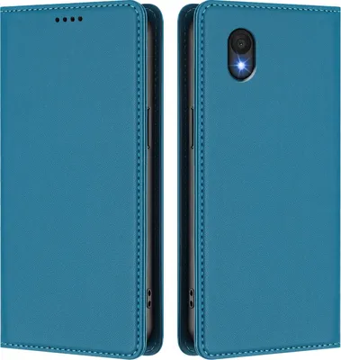 A product image showing a blue flip case for a mobile phone, displayed from both the front and back.
