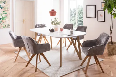 Produktbild von SalesFever Essgruppe 5-tlg. | 180 x 90 cm | Tisch MDF weiß matt + Eichengestell | 4x Drehstuhl Samtvelours + Stuhlbeine Buche | grau