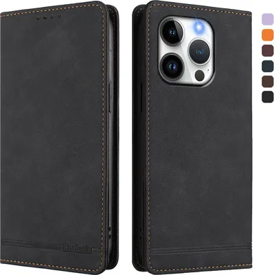 Produktbild von Hülle für iPhone 14 Pro, Retro Kunstleder Ständer Klapphülle mit Kartenfächer und Magnetische Schwarz