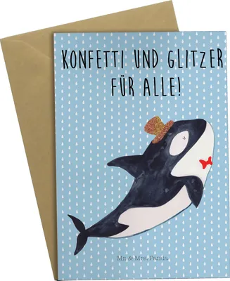 Produktbild von Mr. & Mrs. Panda babykarte Orca Zylinder - Blau Pastell - Geschenk, vatertagskarte, weihnachtskarten, Glückwunsch, Grußkarte, Konfetti, osterkarten, Narwal, Meer, Fest