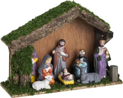 Produktbild von Weihnachtskrippe aus Holz, Holzkrippe mit Moos + 8 Krippenfiguren aus Porzellan, Weihnachtsfiguren, Weihnachtsdeko