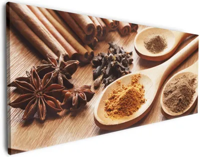 Produktbild von Wallario Premium Leinwandbild Kräuter und Gewürze auf Holzlöffeln in Größe 80 x 200 cm
