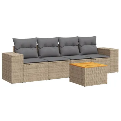 Produktbild von 5-tlg. Garten-Lounge-Set, Poly Rattan Beige, mit Stauraum & wasserabweisendem Beutel, Akazienholz-Tischplatte, Hellgraue Kissen