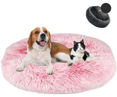 Immagine prodotto di Cuccia per cani a forma di ciambella, in peluche, lavabile, morbida, color rosa sfumato, diametro 80 cm