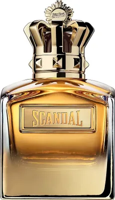 A close-up studio shot of a bottle of Jean Paul Gaultier Scandal Absolu for Him Eau de Parfum.