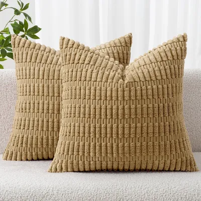 Immagine prodotto di Set di 2 federe per cuscini, 40x40 cm, in velluto di cotone, colore cammello, ideali come cuscini decorativi