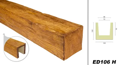 A close-up of a decorative wooden beam with a diagram showing its dimensions.