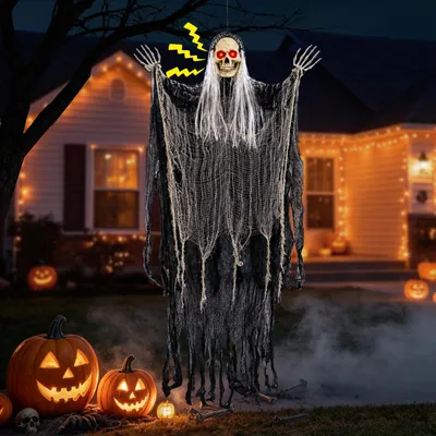 Halloween-Skelett-Deko, 180 cm, rote Augen, bewegliche Arme