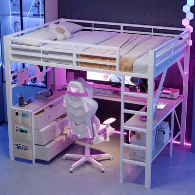 Productafbeelding van Metaal hoogslaper 140x200, geschikt voor gaming, met lades, bureau, opbergruimte, LED-verlichting, veelzijdig (wit)