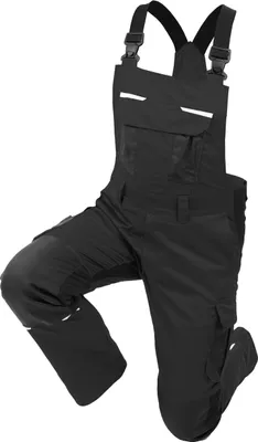 A black pair of bib overalls is shown against a white background.