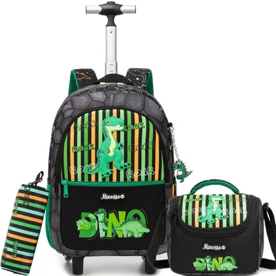 Immagine prodotto di Zaino da scuola con rotelle, modello trolley, per ragazzi, con motivo dinosauri, set che include una borsa per il pranzo e un astuccio, dimensioni 42x30x20 cm