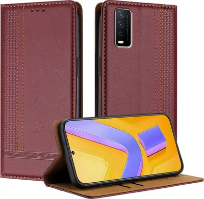 Produktbild von Handyhülle für Vivo Y30 4G Leder Flip Klappbare Schutzhülle mit Standfunktion Dunkelrot