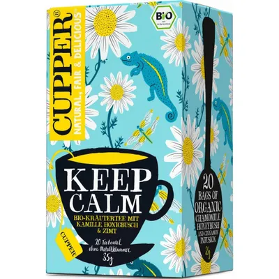 Produktbild von Cupper Tee Keep Calm, Früchtetee, 35 g, Kamille 45%, Honeybush 30%, Zimt 20%, Zitronenmelisse., Papierschachtel, EU organic