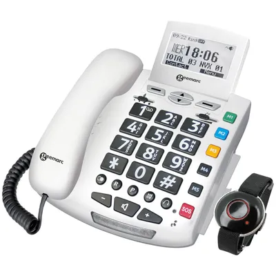 Obrázek produktu pro Geemarc, pevný telefon pro seniory s velkými tlačítky, SOS náramek s fotopamětí, bílý