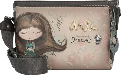 A crossbody bag with a printed illustration of a girl and text.