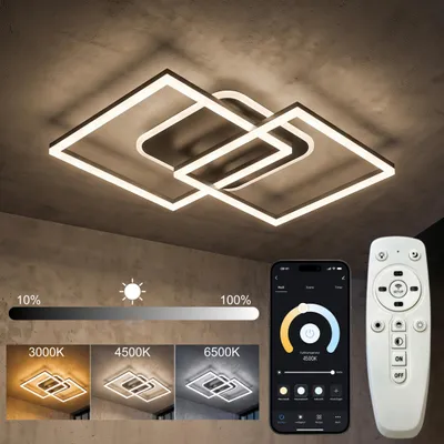 Produktbild von Moderne LED Deckenleuchte Schwarz 65 cm, 76W Designer Deckenlampe mit APP & Fernbedienung, Stufenlos Dimmbar 3000–6500K, für Schlafzimmer Küche Büro.