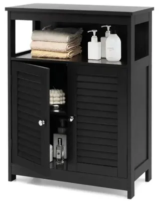 Image de Armoire de salle de bain en bois, autoportante, avec double porte, de couleur noire