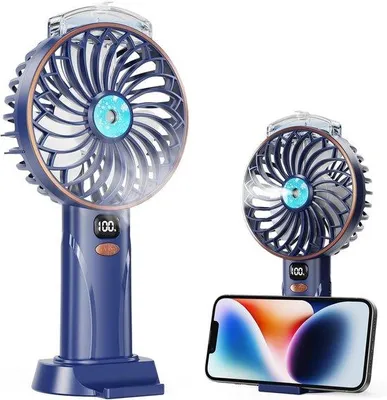 Produktbild von Mini-Handventilator mit Sproeifunktion - 5 Geschwindigkeiten - LED-Display - oplaadbare 3000 mAh-Batterie - Basisbeugel - blauw