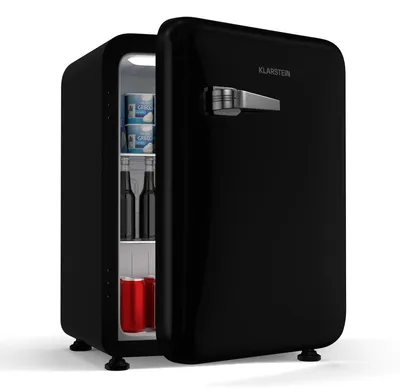 Image de Klarstein Audrey Evo 68L Mini Frigo - Design Rétro, Silencieux 40 dB, Thermostat Mécanique, Porte Réversible, Petit Frigo de Chambre, Bureau, Noir