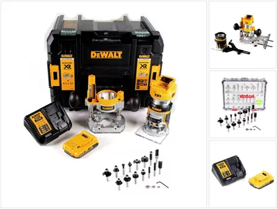 Obrázek produktu pro DeWalt DCW 604 D1 akumulátorová kombinovaná frézka 18 V 55 mm + 1x akumulátor 2,0 Ah + 1x rychlonabíječka + 18dílná sada fréz Bosch v kufříku TSTAK