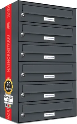 A multi-unit mailbox system is shown against a light gray background.