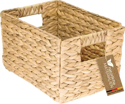 Produktbild von HMF Aufbewahrungskorb geflochten aus Wasserhyazinthe, dekorativer Korb mit Tragegriffen zur Aufbewahrung für Badezimmer Küche und Wohnbereich, Größe M, 32 x 23 x 20 cm, Natur