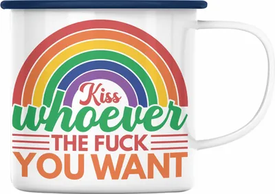 Produktbild von Trendation - LGBT Emaille Tasse Geschenk für Schwule Lesben Transgender Sounds Gay Im In Regenbogen Lustige Grafik Regenbogen Kiss Whoever You Want (Blau)