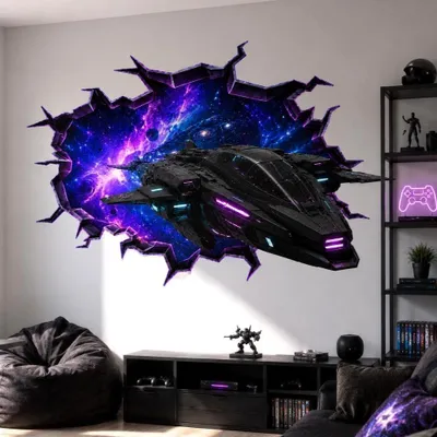Image de Autocollant mural Decords – Vaisseau spatial dans une galaxie néon avec effet 3D, 160 cm
