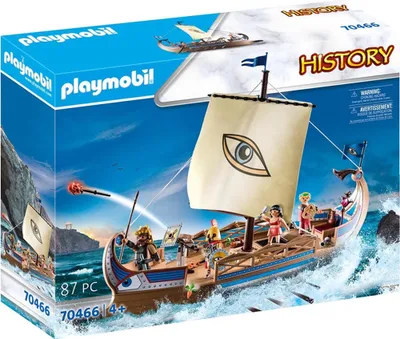 A Playmobil toy set box depicting a historical ship with figures on a blue, wavy sea background.