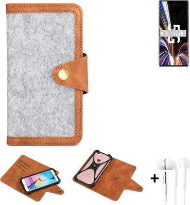 Produktbild von K-S-Trade Handyhülle + Kopfhörer kompatibel mit ZTE Axon 40 Pro Schutzhülle Filz Hülle Kunstleder hellgrau braun (1x)