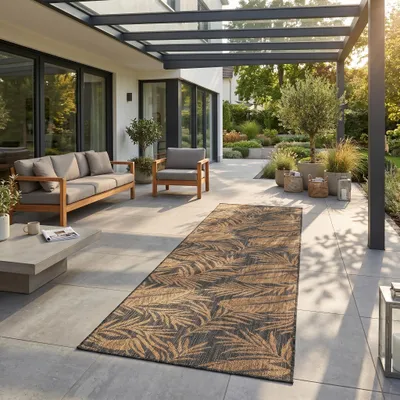 Immagine prodotto di Carpetsale24 Tappeto Outdoor Nero Effetto Juta 80x250 cm Balcone Terrazza Giardino Resistente UV Passatoia Motivo Palma Tessuto piatto