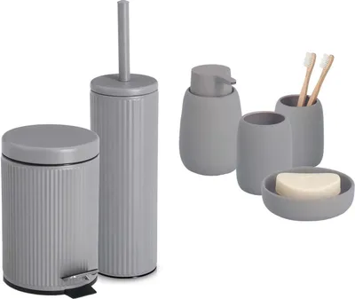 Produktbild von 6-teiliges Badezimmer-Set Keramik grau, Badzubehör-Set besteht aus: Seifenspender, 2x Zahnputzbecher, Seifenschale & 3 Liter Kosmetikeimer