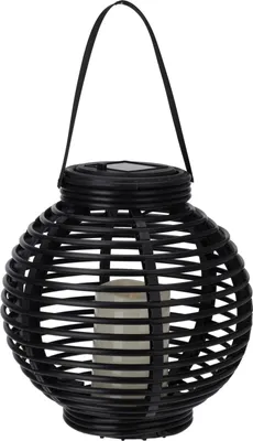 A black solar lantern with a woven spherical design and a faux candle inside, shown against a white background.