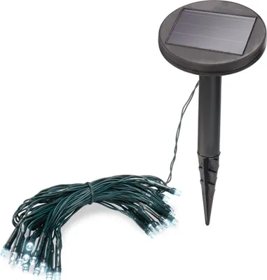 A solar-powered string light set with a stake for outdoor use.