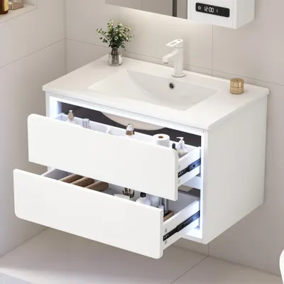 Produktbild von Wandhängender Badezimmerschrank 76x46x48,5 cm – Volllackierung, LED-Radarsensor-Beleuchtung, zwei Schubladen mit leisen Gleitschienen, Waschtisch mit integriertem Waschbecken, Weiß