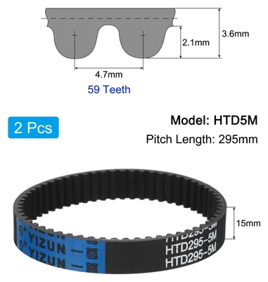 Produktbild von 2 Stš¹ck HTD-5M Gummi Zahnriemen 59 Z?hne, 295mm Steigungsl?nge x 15mm Breite x 3,6mm H?he, Gummizahnriemen Keilriemen Antriebsriemen geschlossen Zahnriemenscheiben