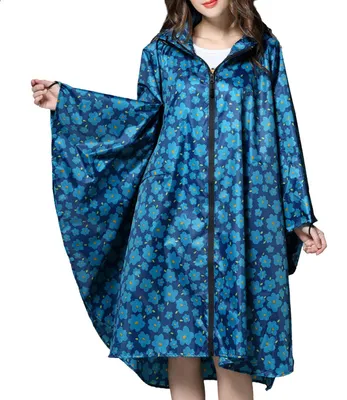 Produktbild von Omgoods – Wasserdichter Regenponcho mit Kapuze für Damen – Leicht, in blau mit Blumenmuster