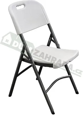 A white folding chair with a gray metal frame, shown from a three-quarter angle against a white background.