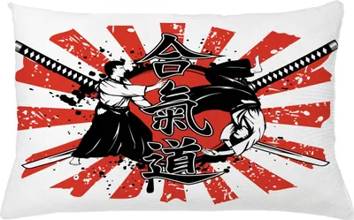 Immagine prodotto di ABAKUHAUS federa giapponese, spade samurai incrociate sfondo geroglifico due ronin aikido stile orientale, 65 x 40 cm, arancione nero bianco