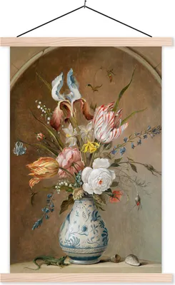 Produktbild von MuchoWow® Textilposter Stilleben mit Blumen - Balthasar van der Ast - Alte Meister 120x180 cm mit holzfarbenen Rahmen - Textil-Plakat