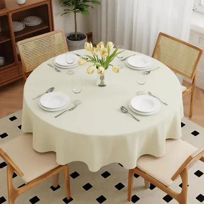 Obrázok produktu pre Obrus, okrúhly, priemer 180 cm, polyester, béžová farba, umývateľný, odolný voči poškriabaniu, ochrana proti škvrnám, vhodný na vonkajšie použitie, do jedálne, do záhrady