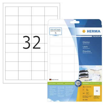 Image de HERMA Premium - Papier - mat - adhésif permanent - blanc - 48.3 x 33.8 mm 800 étiquette(s) (25 feuilles x 32) étiquettes laminées
